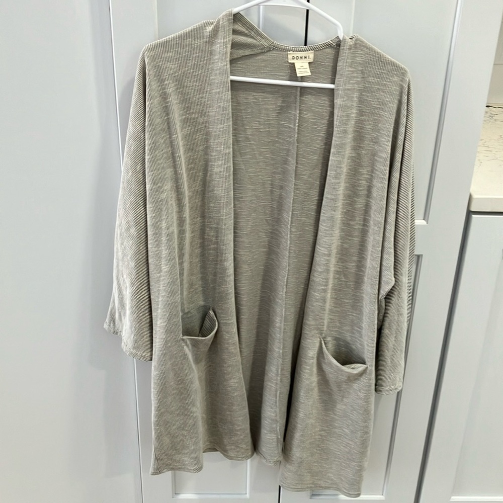 DONNI Women’s One Size Fits All Gray White Striped Cozy Open Cardigan Sweater